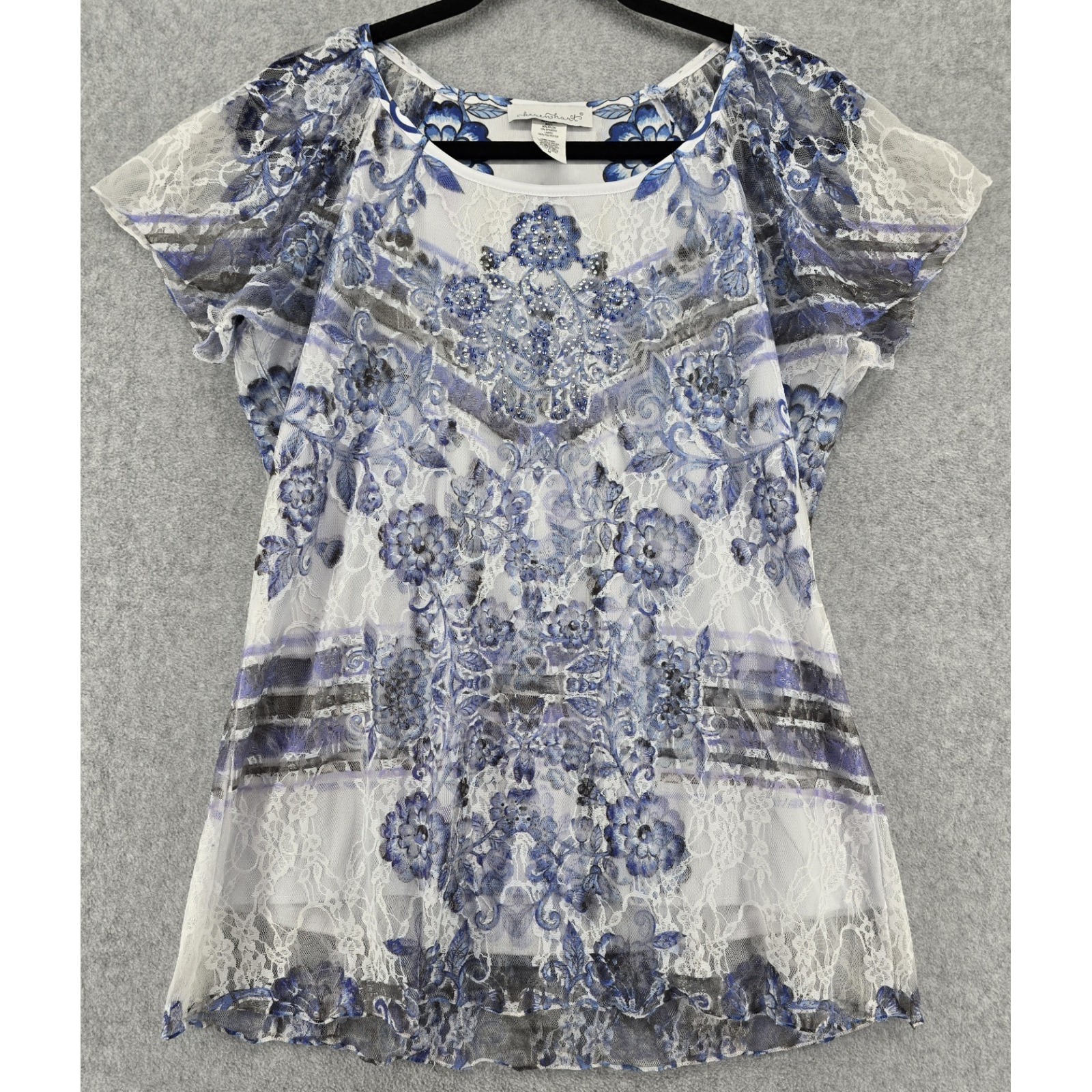 Vtg Y2k Keren Hart Top Sz M White Blue Lace Floral Flowy Fairy Boho Romantic Usa